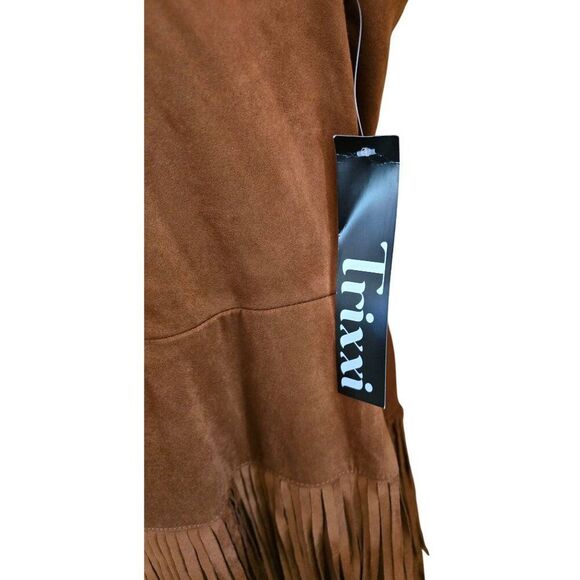 Fringe Western Brown Dress Sleeveless faux Suede Boho Style cottagecore coquette - Picture 2 of 8